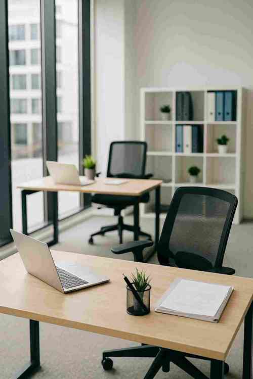 Modern minimalist office workspace with laptop, chair, and potted plant near large windows.