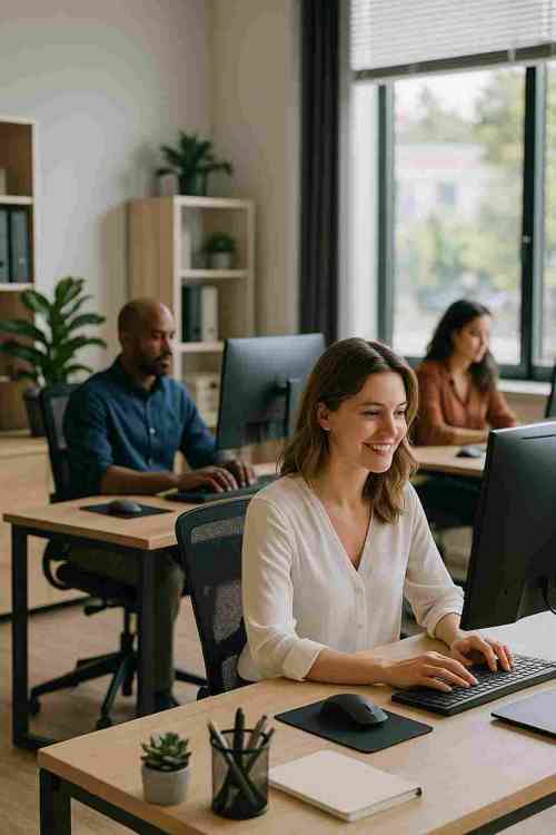 Smiling employees working on computers in a bright open office with plants and shelves.