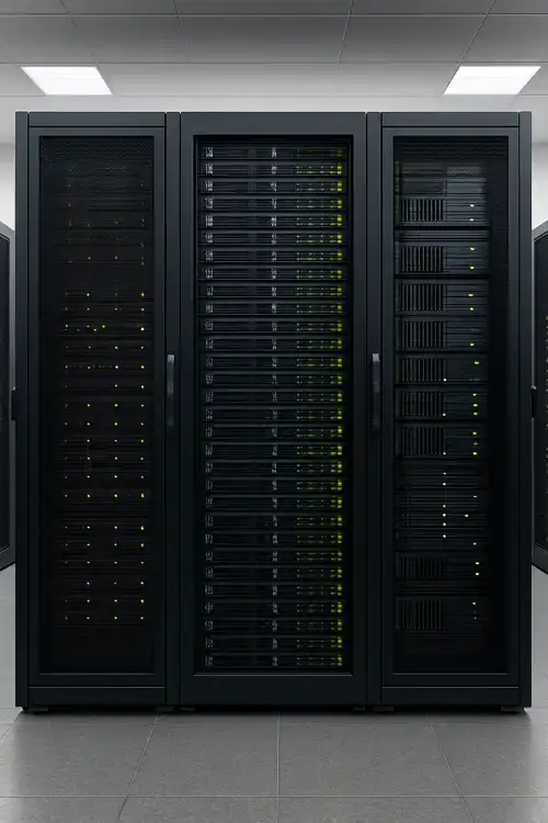 Three tall black server racks with illuminated status lights in a clean, well-lit data center at floor level
