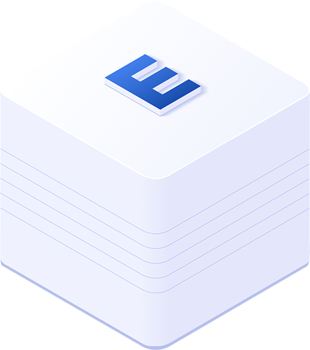3D stacked platform graphic with a blue letter E logo on top